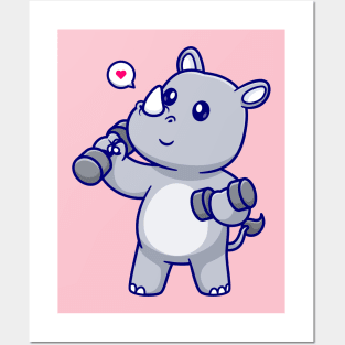 Cute Rhino Lifting Dumbbell Cartoon Posters and Art